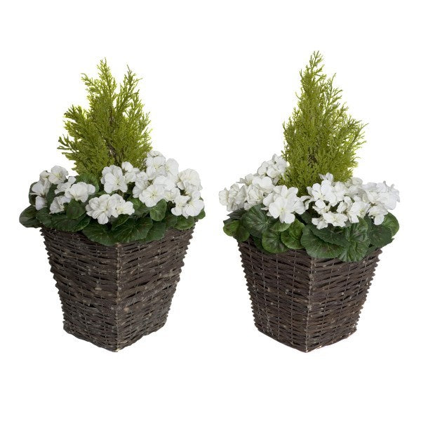 Artificial White Geranium Rattan Patio Planters (Set of 2) 60cm/24in - A1259