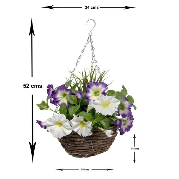 Artificial Purple &amp; White Round Rattan Petunia Hanging Baskets (Set of 2) - A1185