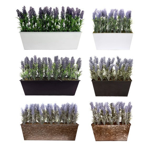 *Clearance* Artificial Lavender Tin White Planter Window Box 45cm/18in - A1019C