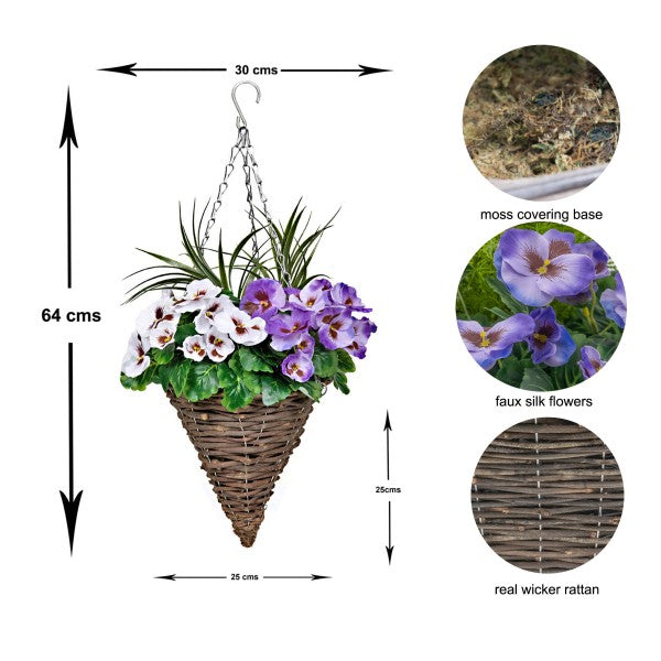 Artificial Purple & White Pansy Cone Shaped Rattan Hanging Basket (Set of 2) - A1011