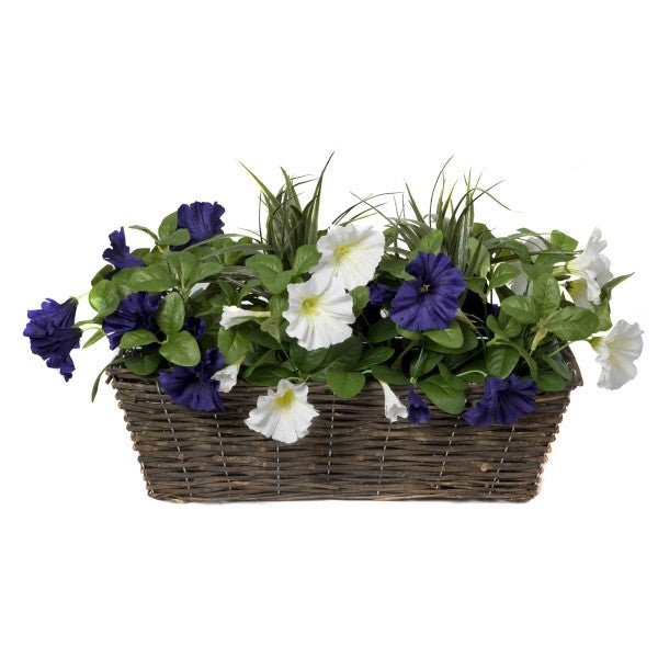 Artificial Dark Purple &amp; White Petunia Rattan Window Box 58cm/23in