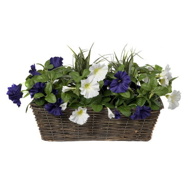 Artificial Dark Purple &amp; White Petunia Rattan Window Box 58cm/23in
