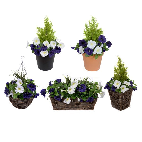 Artificial Dark Purple &amp; White Petunia Black Patio Planter 60cm/24in