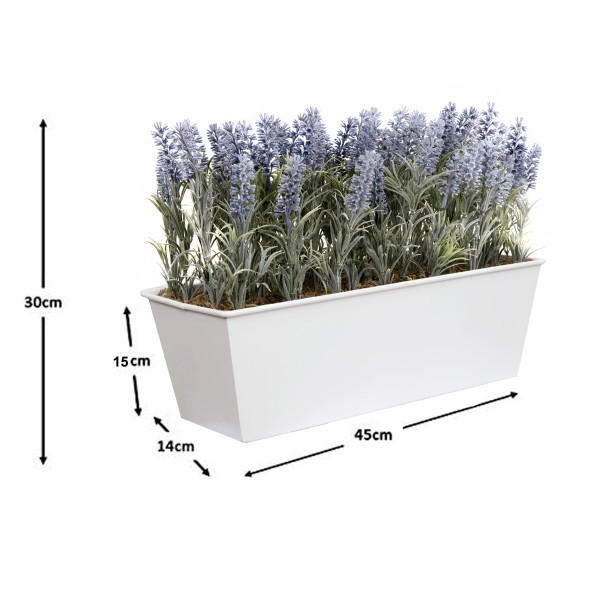 *Clearance* Artificial Lavender Tin White Planter Window Box 45cm/18in - A1019C