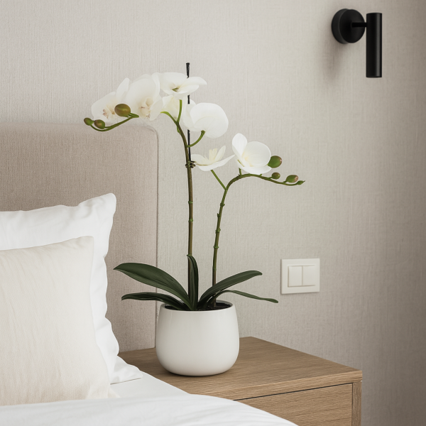 Elegant Double Stem White Real Touch Artificial Potted Orchid (46cm) in Round White Ceramic Pot A1041