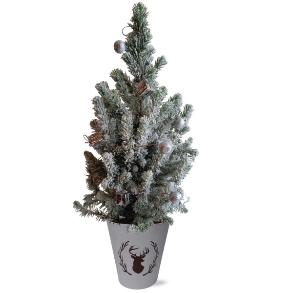 Real Living 60-65cm Picea Christmas Tree | Conifer Garland & Pinecones | Festive Reindeer Design White Wood Pot | for Indoor & Outdoor, Silver with Snow, 60cm - GB1465