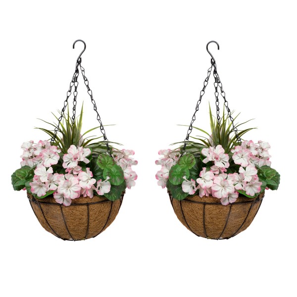 Artificial Pink Geranium Round Coir Hanging Basket (set Of 2)-clearance