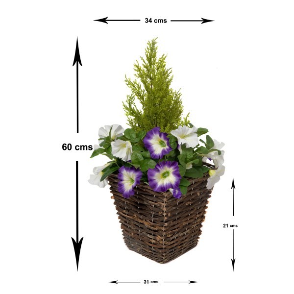 Artificial Purple & White Petunia Rattan Patio Planters 60cm/24in (Set of 2) - A1193