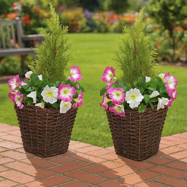 Artificial Pink & White Petunia Rattan Patio Planters 60cm/24in (Set of 2) - A1192