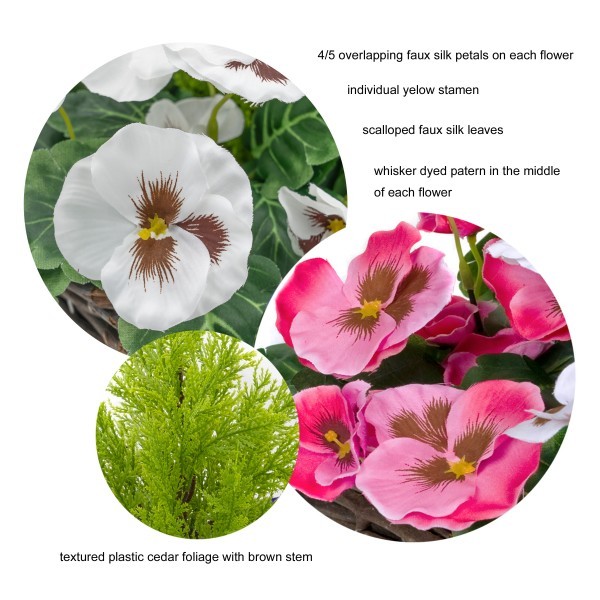 Artificial Pink & White Pansy Rattan Patio Planter 60cm/24in (Set of 2) - A1015