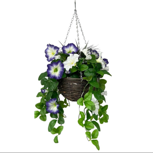 Artificial Purple & White Petunia Round Rattan Hanging Basket (25cm) - A1429
