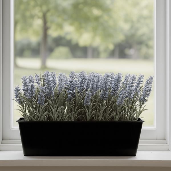 *Clearance* Artificial Lavender Tin Black Planter Window Box 45cm/18in - A1073C