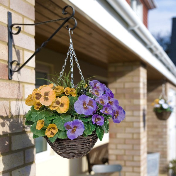 Artificial Purple & Yellow Pansy Round Rattan Hanging Basket (Set of 2) - A1010