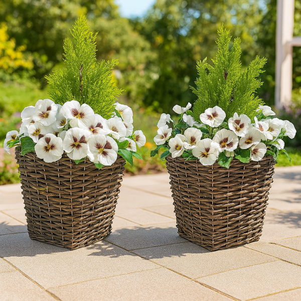 Artificial White Pansy Conifer Rattan Patio Planter  60cm/24in (Set of 2) - A1014