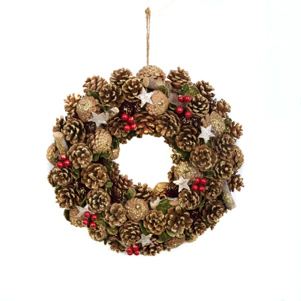 GreenBrokers Christmas Wreath 38cm Gold Pine Cones Red Berries Festive Decor D1237
