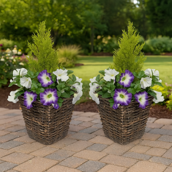 Artificial Purple & White Petunia Rattan Patio Planters 60cm/24in (Set of 2) - A1193