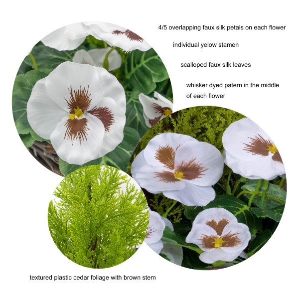 Artificial White Pansy Conifer Rattan Patio Planter  60cm/24in (Set of 2) - A1014