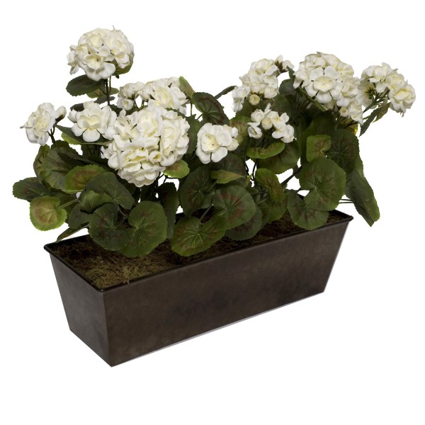 Artificial White Geraniums in Rustic Tin Window Box 45cm/18in