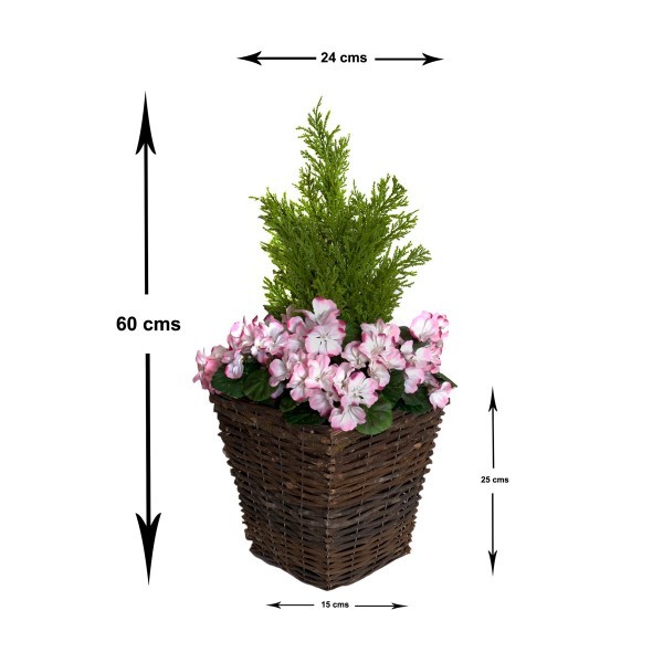 Artificial Pink Geranium Rattan Patio Planters 60cm/24in (Set of 2) - A1257