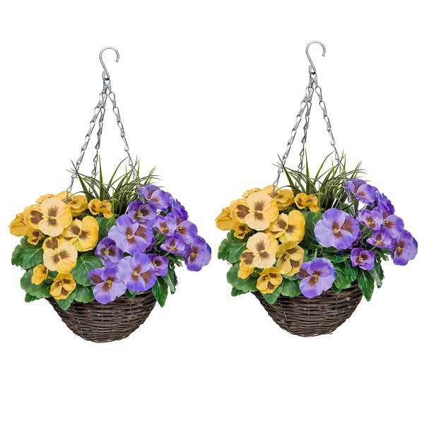 Artificial Purple & Yellow Pansy Round Rattan Hanging Basket (Set of 2) - A1010