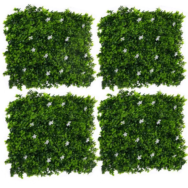 Artificial Green Wall Hedge with Green Leaf Foliage and White Flowers Pack of 4 x 50cm/20in - A1267