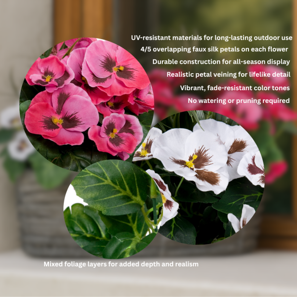 Artificial Grey Rattan 40cm Window Box with Pink & White Pansies and Decorative Grasses - A1327