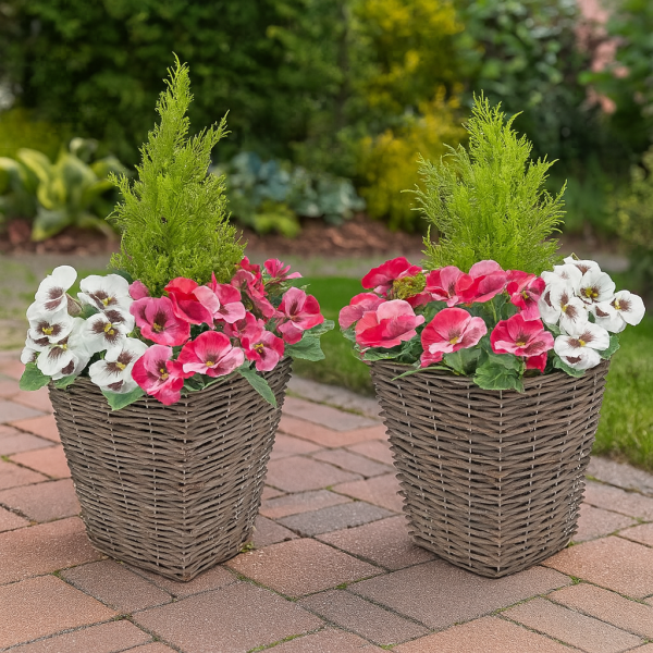 Artificial Pink & White Pansy Rattan Patio Planter 60cm/24in (Set of 2) - A1015