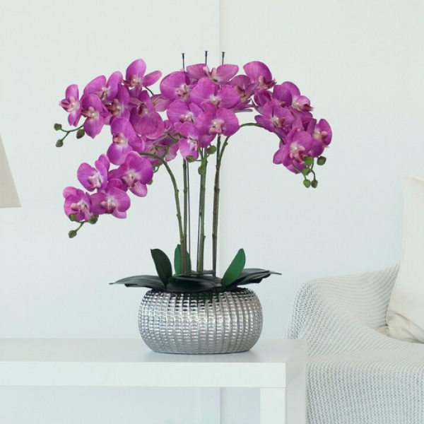 Elegant Large Six Stem Butterfly Purple Real Touch Artificial Potted Orchid (65cm) in Decorative Silver Ceramic Pot - A1319