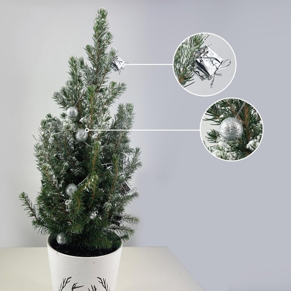 Real Living 60-65cm Picea Christmas Tree | Conifer Garland & Pinecones | Festive Reindeer Design White Wood Pot | for Indoor & Outdoor, Silver with Snow, 60cm - GB1465