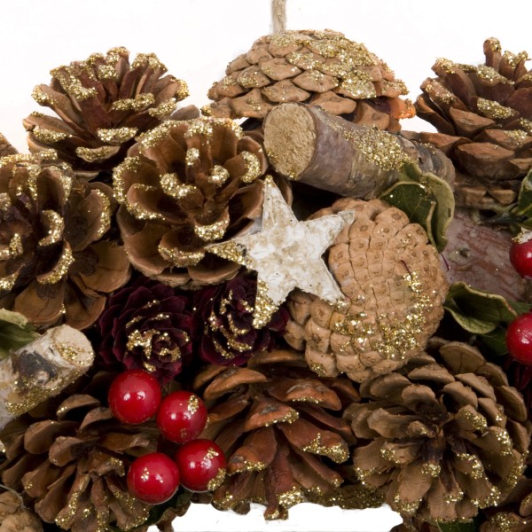 GreenBrokers Christmas Wreath 38cm Gold Pine Cones Red Berries Festive Decor D1237