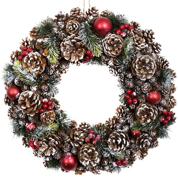 GreenBrokers Christmas Hanging Wreath 48cm Pine Cones with White Frosting D1223