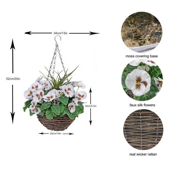 Artificial White Pansy Round Rattan Hanging Basket (Set of 2) - A1005