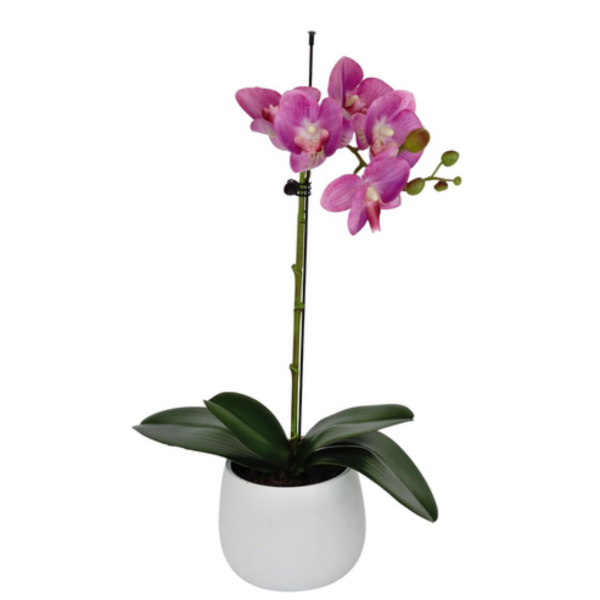 Elegant Single Stem Pink Real Touch Artificial Potted Orchid (46cm) in Round White Ceramic Pot A1072