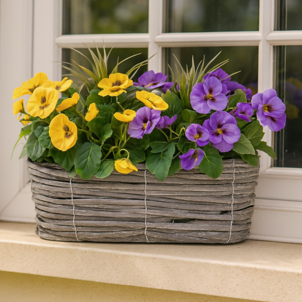 Artificial Grey Rattan 40cm Window Box with Purple & Yellow Pansies and Decorative Grasses - A1320