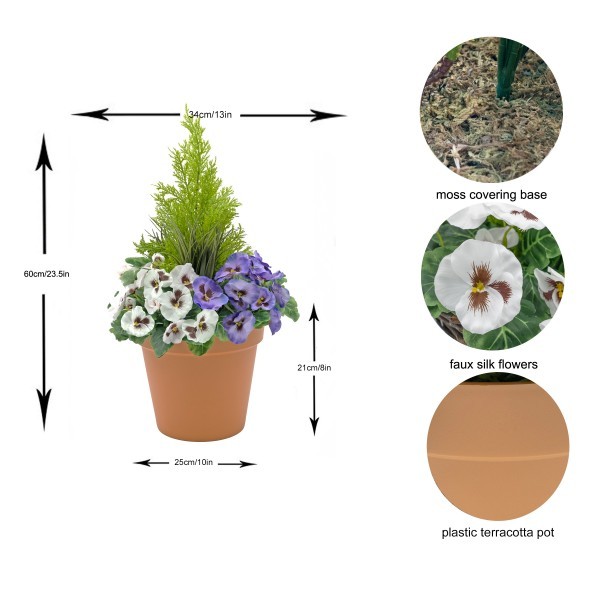 Artificial Purple & White Pansy Terracotta Patio Planter 60cm/24in - A1076