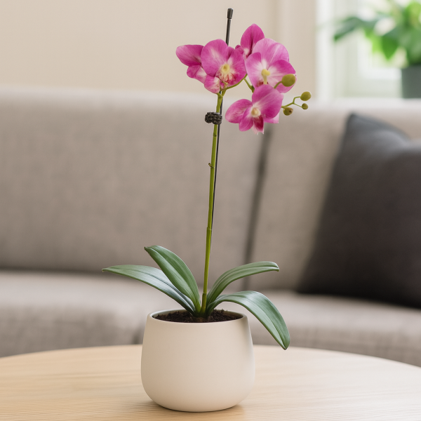 Elegant Single Stem Pink Real Touch Artificial Potted Orchid (46cm) in Round White Ceramic Pot A1072