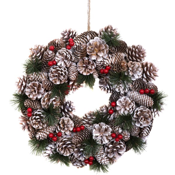 GreenBrokers Christmas Hanging Wreath 38cm Pine Cones Berries Subtle Frosting D1228