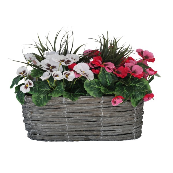 Artificial Grey Rattan 40cm Window Box with Pink & White Pansies and Decorative Grasses - A1327