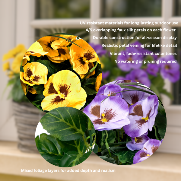 Artificial Grey Rattan 40cm Window Box with Purple & Yellow Pansies and Decorative Grasses - A1320