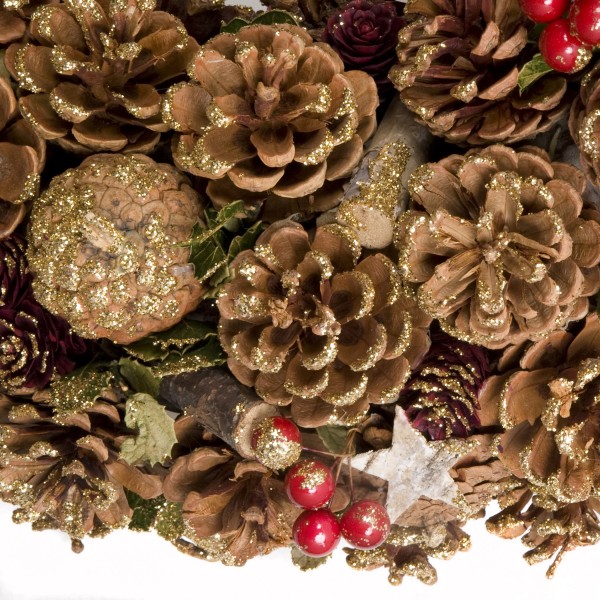 GreenBrokers Christmas Wreath 48cm Gold Pine Cones Red Berries Festive Decor D1238