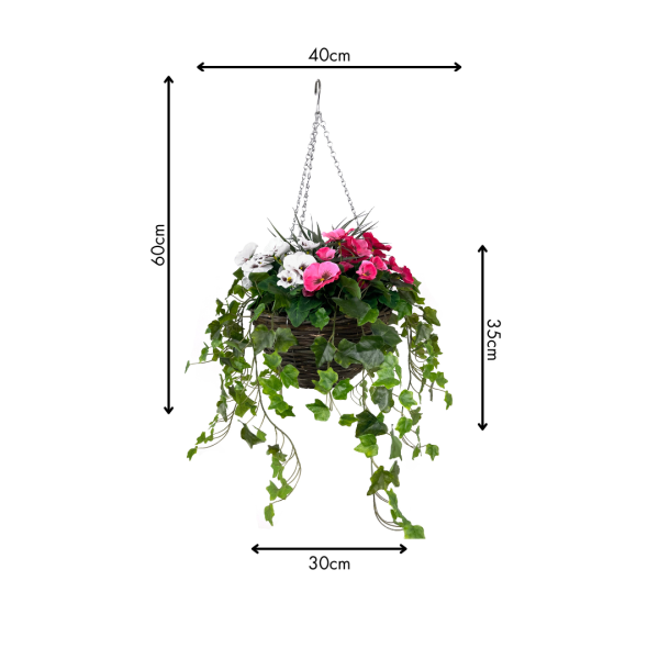 Artificial Pink and White Pansy Hanging Basket with Ivy (30cm)