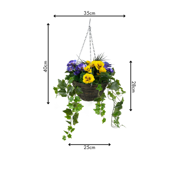 Artificial Purple & Yellow Pansy Hanging Basket with Ivy Vine (25cm)