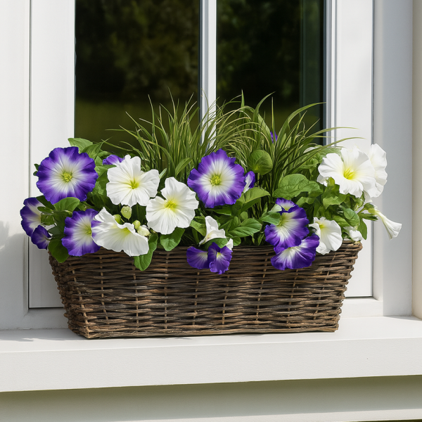 Artificial Purple & White Petunia Rattan Window Box 58cm/23in - A1197
