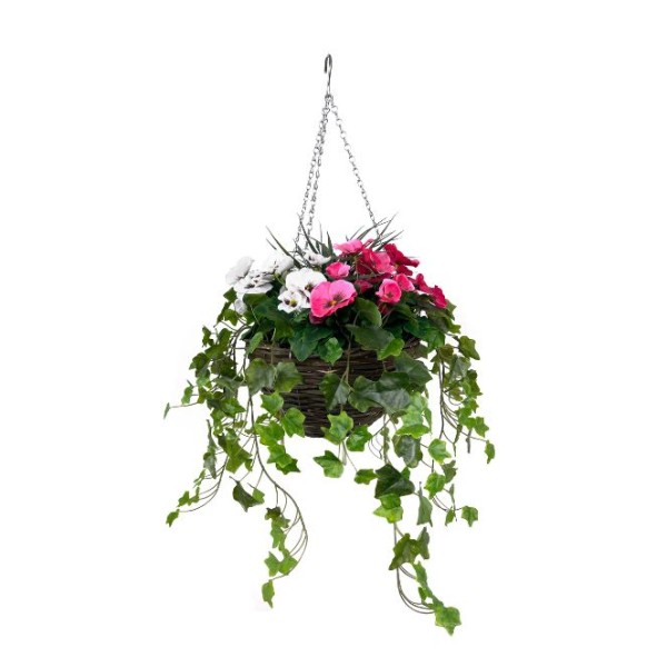 Artificial Pink and White Pansy Hanging Basket with Ivy (30cm)