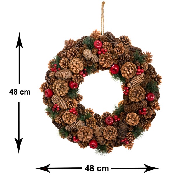 GreenBrokers Christmas Hanging Wreath 48cm Festive Pine Cones & Red Berries D1226