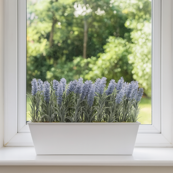 Artificial Lavender Tin White Planter Window Box 45cm/18in - A1019