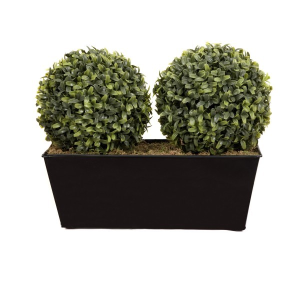 Artificial Topiary Double Ball Aglaia Boxwood in Black Slanted Tin Window Box 35cm/14in