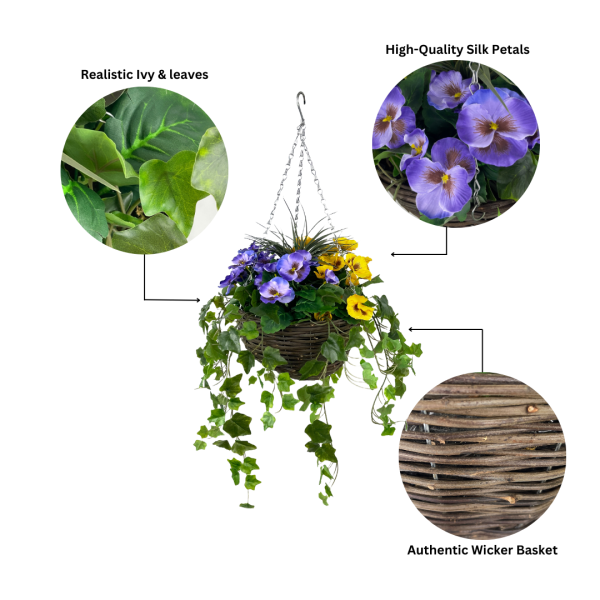 Artificial Purple and Yellow Hanging Basket with Ivy (30cm)