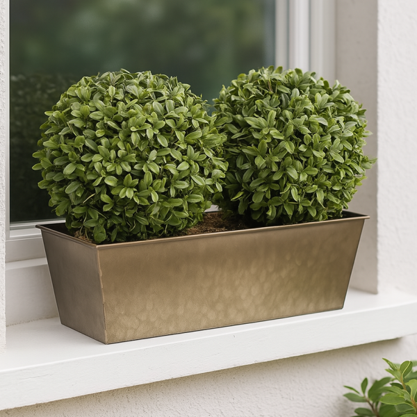 *Clearance* Artificial Topiary Double Ball Aglaia Boxwood in Rustic Slanted Tin Window Box 35cm/14in - A1029C