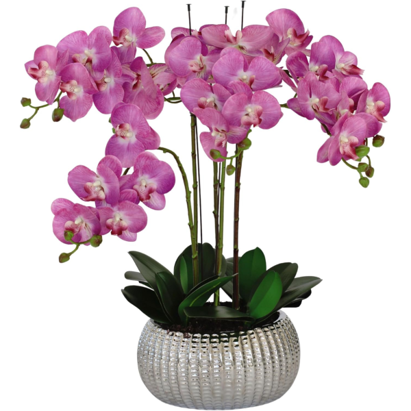 Elegant Large Six Stem Butterfly Purple Real Touch Artificial Potted Orchid (65cm) in Decorative Silver Ceramic Pot - A1319